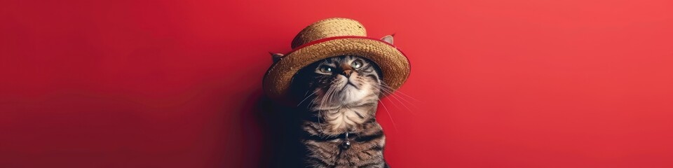 Cute tabby cat in a hat on a red background. Banner. Copy space. - obrazy, fototapety, plakaty