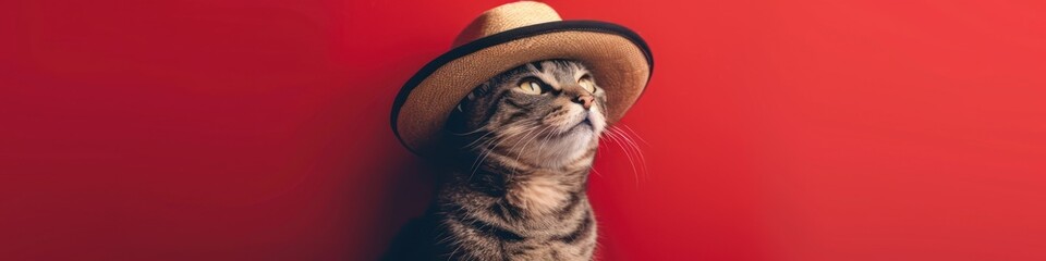 Cute tabby cat in a hat on a red background. Banner. Copy space.