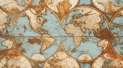 A beautiful world map with a vintage and retro style. The map has a blue background and features a...