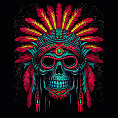 Naklejka premium A skull with a feather headdress and a red and blue background.