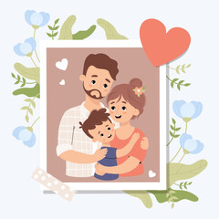 Happy family card. Photo portrait of bearded man hugging his beautiful brunette wife and son. Holiday photo frame with soft blue flowers and heart. Vector illustration