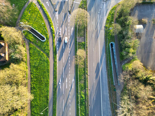 Aerial View of British Road and Traffic at Thornhill park Oxford, England UK