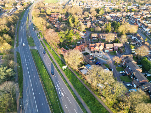 Aerial View of British Road and Traffic at Thornhill park Oxford, England UK