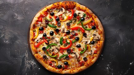 A top-down view of a gourmet pizza loaded with colorful bell peppers, mushrooms, olives, and melted mozzarella cheese.