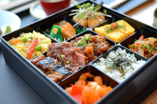 Japanese bento box showcasing a variety of flavors, delights taste buds.