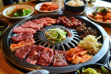 Korean barbecue with marinated meats and delicious sides, grilling experience tantalizes taste buds.