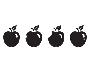 Four apples with one bite taken out of each. The apples are all different sizes and are all in different stages of being eaten