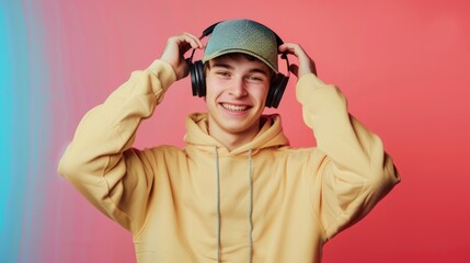 Portrait of a hipster man listening to music against a colorful background