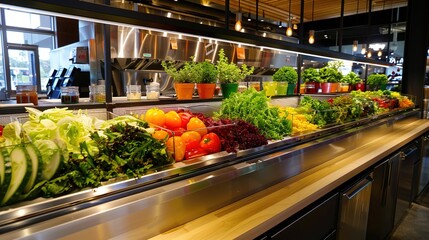 A vibrant salad bar station in a modern food restaurant, featuring an array of fresh greens, colorful vegetables, and assorted dressings, inviting diners to create their own custom salads.
