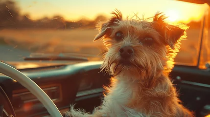 Fototapeten A small dog sits inside a car during a warm sunset, evoking a sense of adventure and companionship.  © Athena