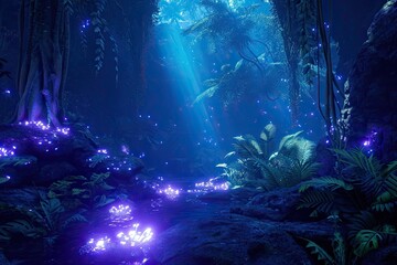 Fototapeta na wymiar Lush alien jungle with bioluminescent flora in an extraterrestrial 3D environment, immerses observers in fantastical landscapes.