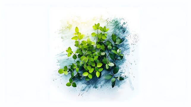 Lush green plant with a blend of watercolor splashes on a white background for artistic effect. 
