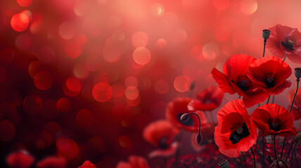 Remembrance Day background with copy space. Red poppy flowers on bokeh background. Suitable for...