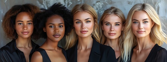 A diverse group of five women with different skin tones and hair colors wearing black blouses...