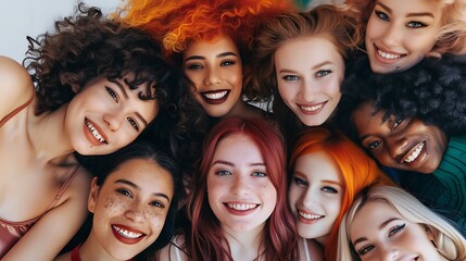 Group of smiling diverse women posing closely for a portrait with an emphasis on unity and friendship. 