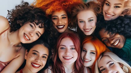 Obraz premium Group of smiling diverse women posing closely for a portrait with an emphasis on unity and friendship. 