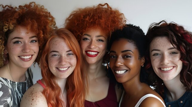 A diverse group of young women with radiant smiles and different hairstyles posing together for a joyful portrait. 