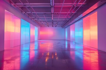 Modern art gallery interior with vibrant neon lights and empty clear walls for creative mockups