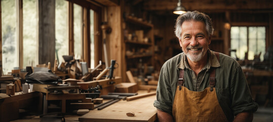 Skilled woodworker in his workshop with a friendly smile.