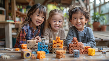 Jeune enfant et des jeux éducatifs, éducation, jeu en bois, garçon et fille asiatique, stimule l'intelligence