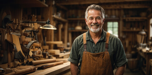 Skilled woodworker in his workshop with a friendly smile. - obrazy, fototapety, plakaty
