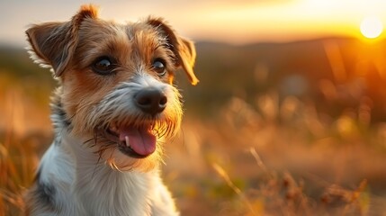 A joyful terrier dog enjoying a sunset in a golden field illustrating warmth and companionship.