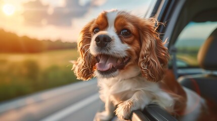 A happy dog with wind-blown fur enjoys a car ride during a beautiful sunset in the countryside.