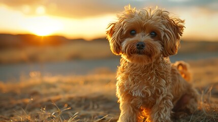 A small fluffy dog poses during a golden sunset in a field, emanating warmth and tranquility.  - obrazy, fototapety, plakaty