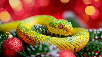 Beautiful green snake on red Christmas background. Symbol of 2025 by Chinese new year calendar. 