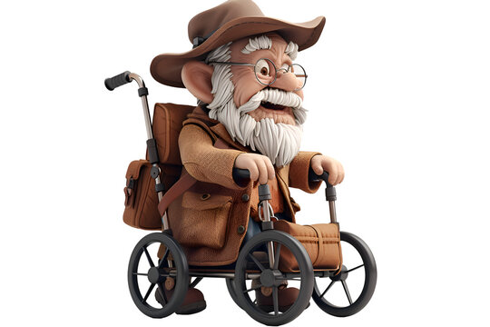 A 3D animated cartoon render of a happy grandparent walking with a rollator.