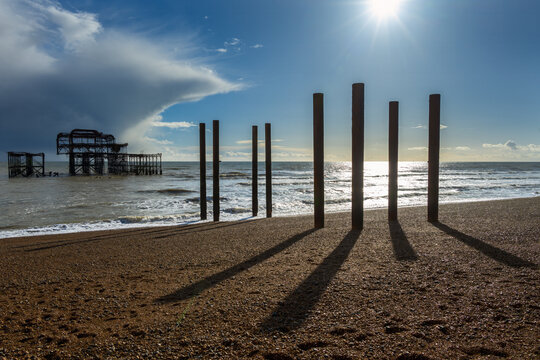 Brighton beach, view of the West pier on a cloudy afternoon, South East England