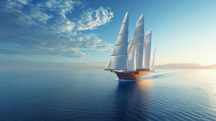 A high-resolution photo capturing a majestic cargo ship equipped with towering modern sails gliding across the ocean under a clear blue sky