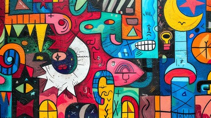 A colorful mural of abstract shapes and characters. The mural is painted on a brick wall and features a variety of bright colors and patterns.