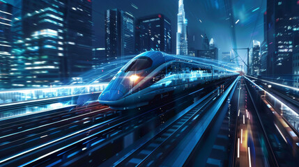 An immersive 3D animation of a high-speed rail train accelerating through a futuristic cityscape - obrazy, fototapety, plakaty