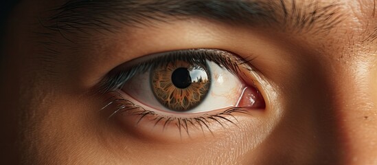 There is a close up of a person's eye with a brown iris