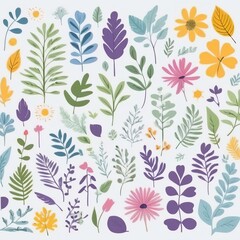 A collection of seamless pattern, colorful abstract plants and flowers. Hand drawn Collection of leaves and flowers. A close up of a pattern of flowers and leaves.
