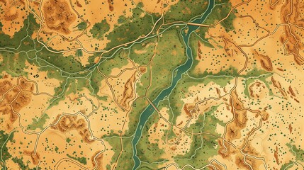 This is a fictional hand drawn map of a region with a river running through it. The river branches into two, forming a delta.