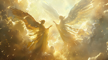 2 silhouettes of angels on light background. painting with contour light of two christian characters.