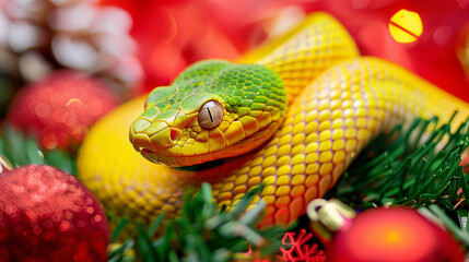 A yellow and green snake on New Year background. Symbol of Chinese New Year of 2025. Christmas ornaments. 