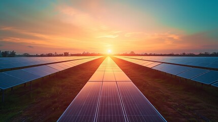 Solar Panel Farm at Dawn, Photovoltaic at Golden Hour, Rural Landscape