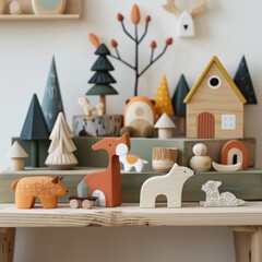 A playful arrangement of colorful wooden toys and whimsical decorations, featuring animal shapes and nature-inspired pieces, ideal for creative children's rooms or educational settings