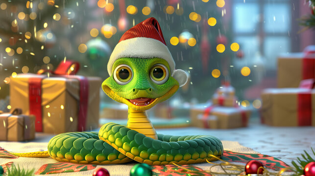 Adorable cartoon green snake as a symbol of 2025. New Year Chinese background with bokeh and lights and snow. 
Symbol of the new calendar year. 