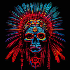 A skull with a feather headdress and a red and blue background.