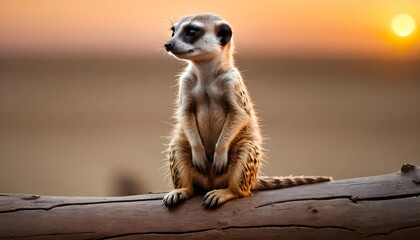 A Meerkat Sitting On A Log Watching The Sunset