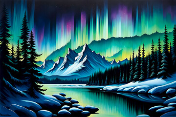 beautiful landscape watercolor painting of a nighttime aurora borealis, vivid green hues streaking across the night sky, over a reflective lake in the snowy forested mountains