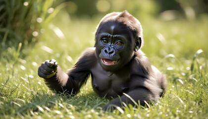 A Playful Baby Gorilla Rolling Around In A Patch O