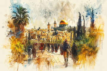 Jesus riding a donkey to Jerusalem, palm sunday, brown watercolor