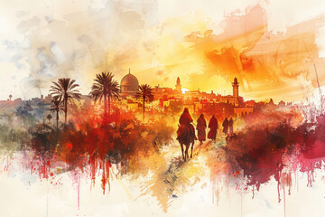 Colorful watercolor of Jesus riding a donkey to Jerusalem, palm sunday - obrazy, fototapety, plakaty