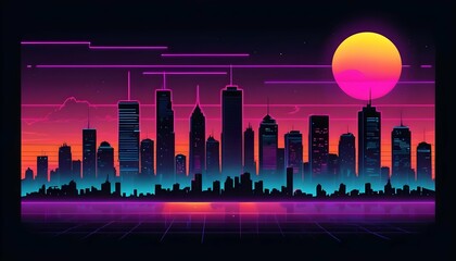 A Retro Sunset Cityscape With Silhouettes Of Build