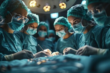 Female surgeon and colleagues conducting surgery in the operating theater - obrazy, fototapety, plakaty